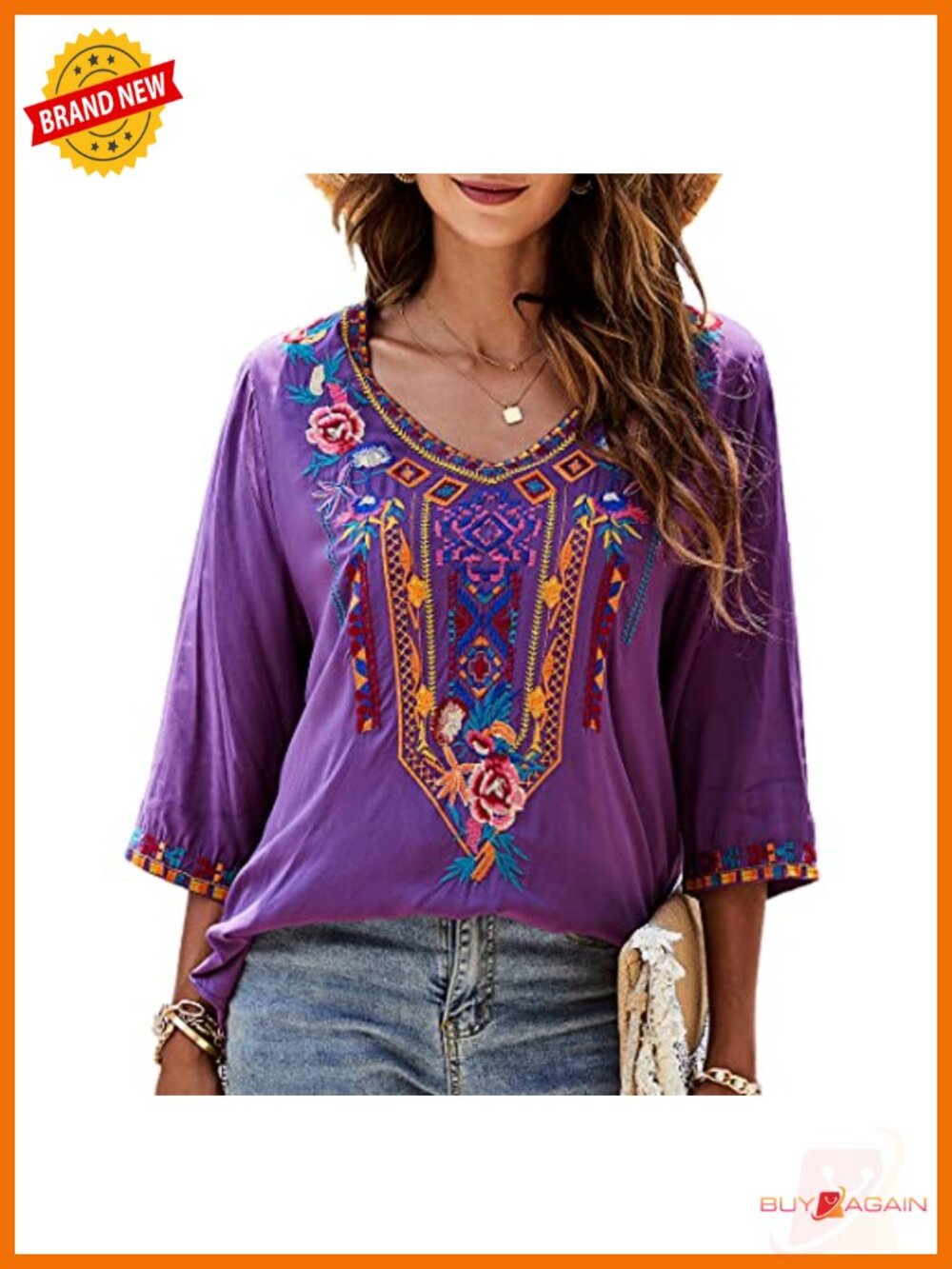 Embroidered Peasant Blouse 3/4 Sleeve V-Neck Tunic Cotton-Rayon
